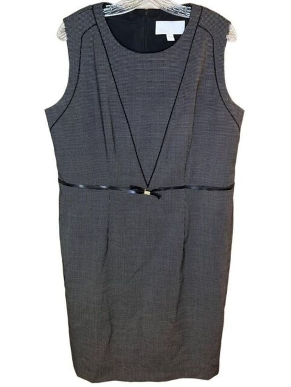 Hugo Boss Wool Sheath Dress 14 Black White Micro Check Belted Sleeveless Career